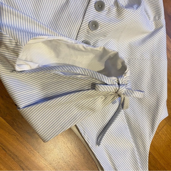 Vintage Y2K Blue Pinstripe Fitted Bodice Button-Up Sleeveless Summer Dress - Picture 14 of 15